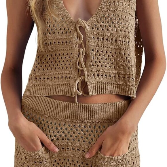 Womens Crochet Swim Cover Up 2 Piece V Nek Sleeveless Tie Crop Top Mini Skirt - Picture 1 of 6